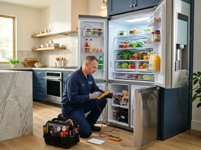 Appliance Repair Hero refrigerator technician testing a fridge on a Beacon Falls, CT service call